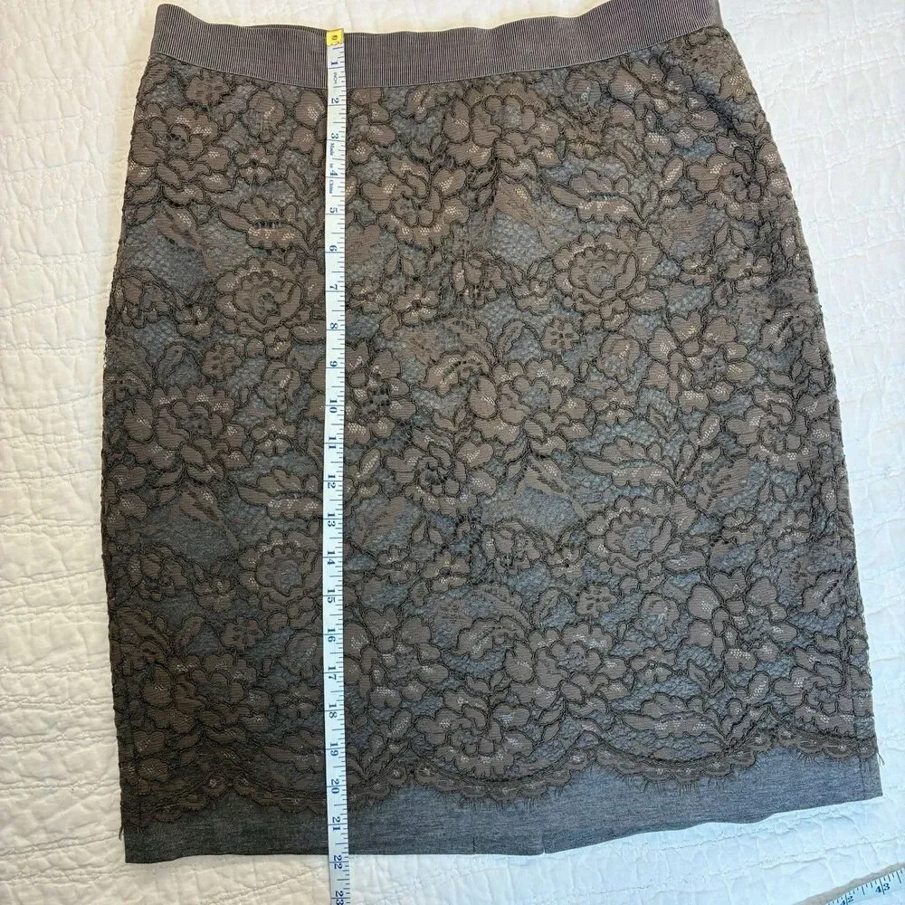 Loft brown lace overlay pencil skirt sz 8 elastic waist knee length feminine
